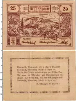Банкнота 25 геллеров Австрии 1920 года Миттербах
