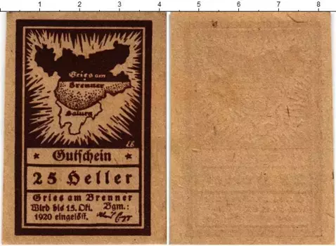 Банкнота 25 геллеров Австрии 1920 года Штайр