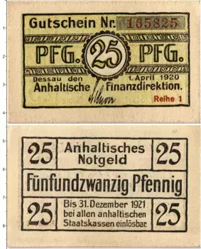 Банкнота 25 пфеннигов Германия : Нотгельды 1920 года Дессау