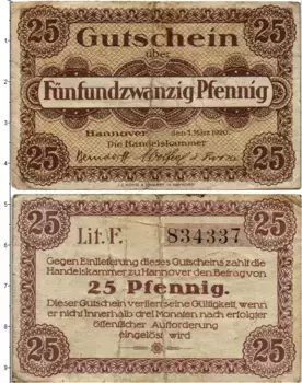 Банкнота 25 пфеннигов Германия : Нотгельды 1920 года Ганновер