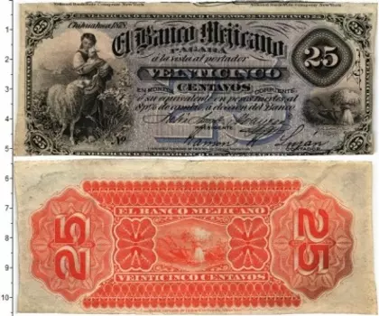 Банкнота 25 сентаво Мексики 1878 года Банк Пагара