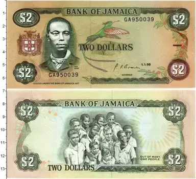 Банкнота 2 доллара Ямайки 1990 года Поль Богл Дети