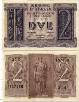 Банкнота 2 лиры Италии 1939 года