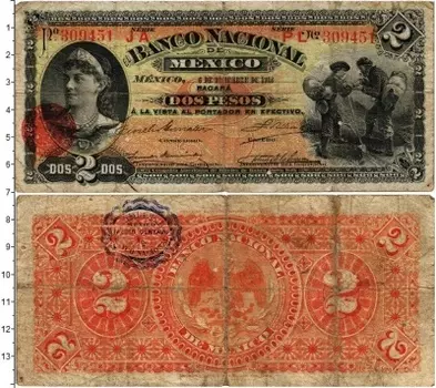 Банкнота 2 песо Мексики 1913 года Национальный банк Мексики