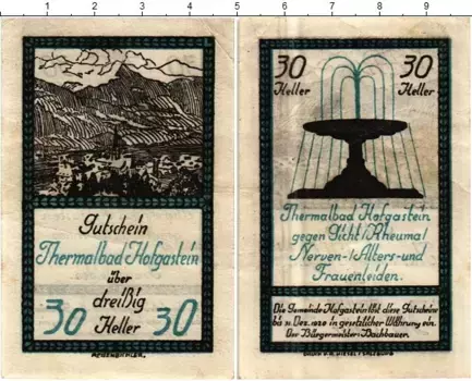 Банкнота 30 геллеров Австрии 1920 года Бад-Хофгастайн