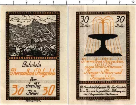 Банкнота 30 геллеров Австрии 1920 года Бад-Хофгастайн