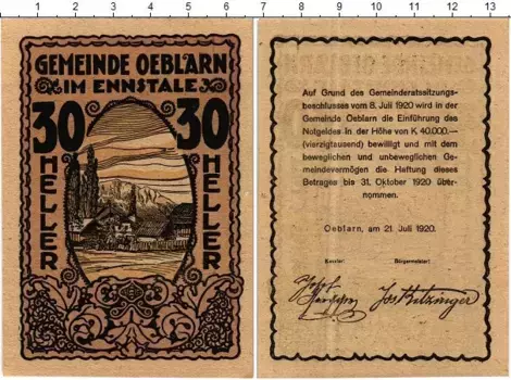 Банкнота 30 геллеров Австрии 1920 года Эбларн-им-Энсталь