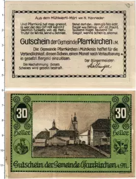 Банкнота 30 геллеров Австрии 1920 года Пфарркирхен-им-Мюлькрайс
