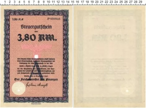 Банкнота 3,8 марки Третьего Рейха 1937 года Облигация
