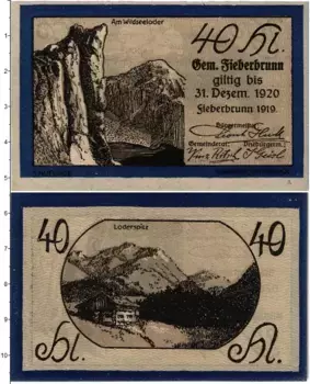 Банкнота 40 хеллеров Австрии 1919 года Фибербрунн
