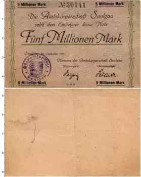 Банкнота 5000000 марок Германия : Нотгельды 1923 года Заульгау