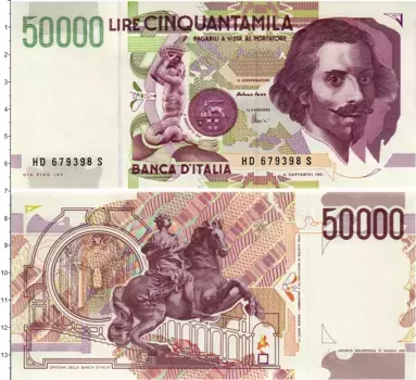 Банкнота 50000 лир Италии 1992 года Скульптор Джованни Лоренцо Бернини