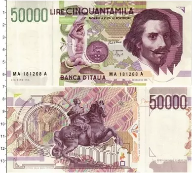 Банкнота 50000 лир Италии 1992 года Скульптор Джованни Лоренцо Бернини