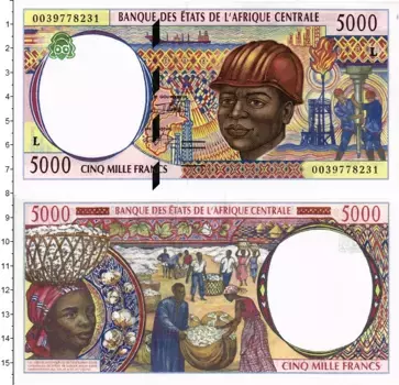 Банкнота 5000 франков Центральной Африки 2000 года L-для Габона Перед нами банкнота в 5000 франков Центральной Африки, эмитированная в 2000 году