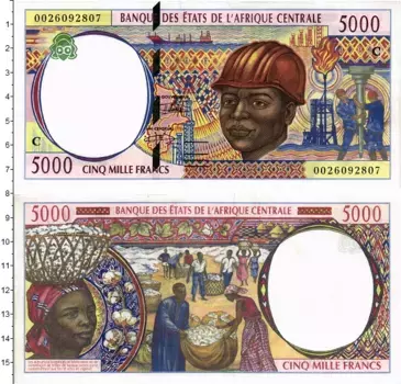 Банкнота 5000 франков Центральной Африки 2000 года C-для Конго Эта яркая и экспрессивная банкнота отражает культурное богатство и дух Центральной Африки