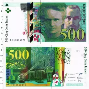 Банкнота 500 франков Франции 1998 года Мария и Пьер Кюри
