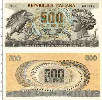 Банкнота 500 лир Италии 1966 года
