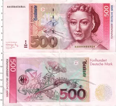 Банкнота 500 марок ФРГ 1991 года Художница Мария Сибилла Мериан