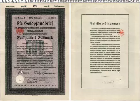 Банкнота 500 марок Веймарской республики 1930 года 8% Облигация