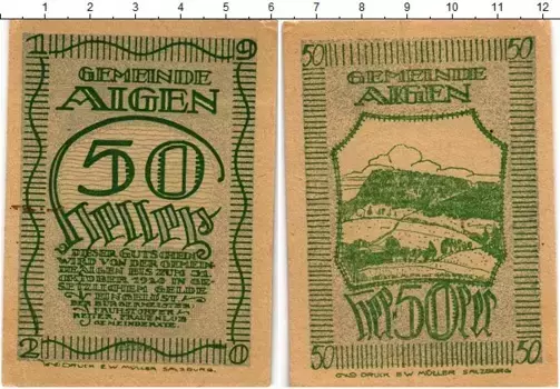 Банкнота 50 геллеров Австрии 1920 года Айген-им-Энсталь