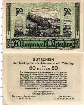 Банкнота 50 геллеров Австрии 1920 года Альтенмаркт-ан-дер-Тристинг
