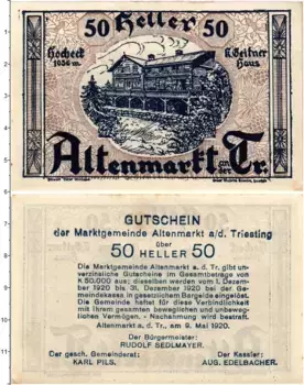 Банкнота 50 геллеров Австрии 1920 года Альтенмаркт-ан-дер-Тристинг