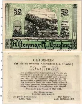 Банкнота 50 геллеров Австрии 1920 года Альтенмаркт-ан-дер-Тристинг