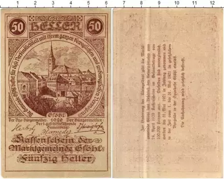 Банкнота 50 геллеров Австрии 1920 года Бессер