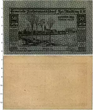 Банкнота 50 геллеров Австрии 1920 года Бидерманнсдорф