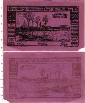 Банкнота 50 геллеров Австрии 1920 года Бидерманнсдорф