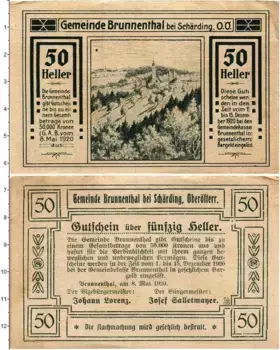 Банкнота 50 геллеров Австрии 1920 года Брунненхал