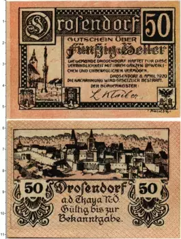 Банкнота 50 геллеров Австрии 1920 года Дрозендорф