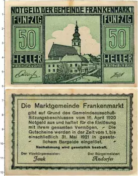 Банкнота 50 геллеров Австрии 1920 года Франкенмаркт