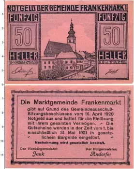 Банкнота 50 геллеров Австрии 1920 года Франкенмаркт