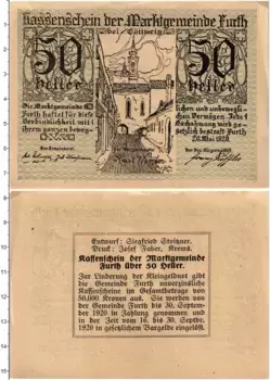 Банкнота 50 геллеров Австрии 1920 года Фурт