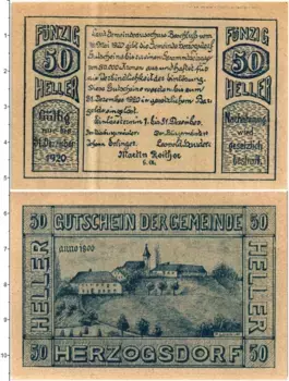 Банкнота 50 геллеров Австрии 1920 года Херцогсдорф