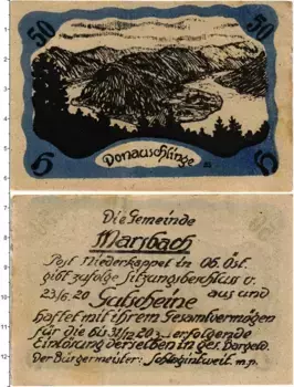 Банкнота 50 геллеров Австрии 1920 года Марбах-на-Дунае