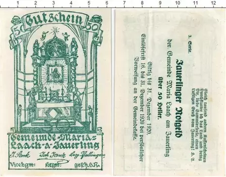 Банкнота 50 геллеров Австрии 1920 года Мария-Лах-ам-Яуэрлинг