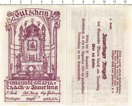 Банкнота 50 геллеров Австрии 1920 года Мария-Лах-ам-Яуэрлинг