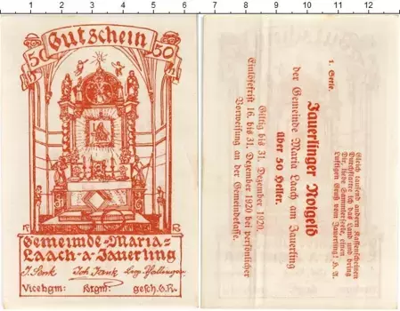 Банкнота 50 геллеров Австрии 1920 года Мария-Лах-ам-Яуэрлинг
