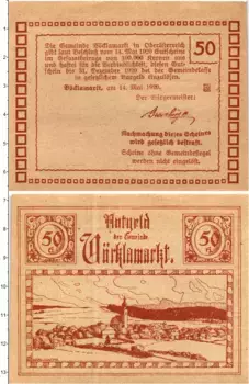 Банкнота 50 геллеров Австрии 1920 года Муниципалитет Веккламаркт (федеральная земля Верхняя Австрия)