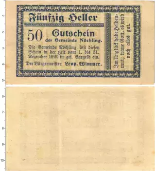 Банкнота 50 геллеров Австрии 1920 года Нёхлинг