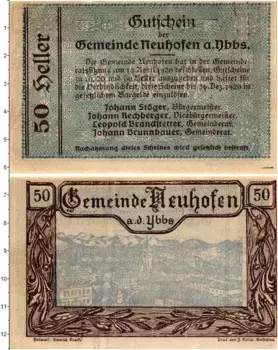 Банкнота 50 геллеров Австрии 1920 года Нойхофен-на-Ибсе