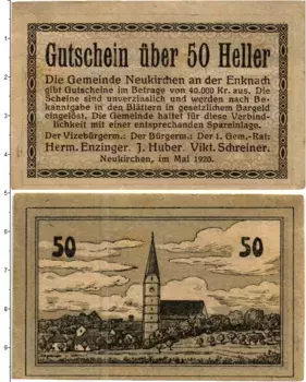 Банкнота 50 геллеров Австрии 1920 года Нойкирхен-ан-дер-Энкнах