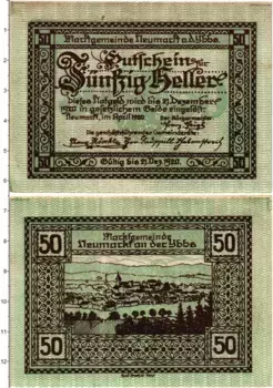 Банкнота 50 геллеров Австрии 1920 года Ноймаркт-на-Ибсе