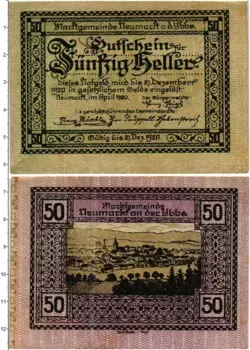 Банкнота 50 геллеров Австрии 1920 года Ноймаркт-на-Ибсе