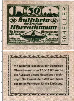 Банкнота 50 геллеров Австрии 1920 года Оберахман