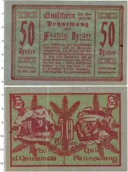 Банкнота 50 геллеров Австрии 1920 года Пенневанг
