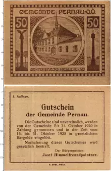 Банкнота 50 геллеров Австрии 1920 года Пернау
