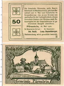 Банкнота 50 геллеров Австрии 1920 года Пюрнштайн